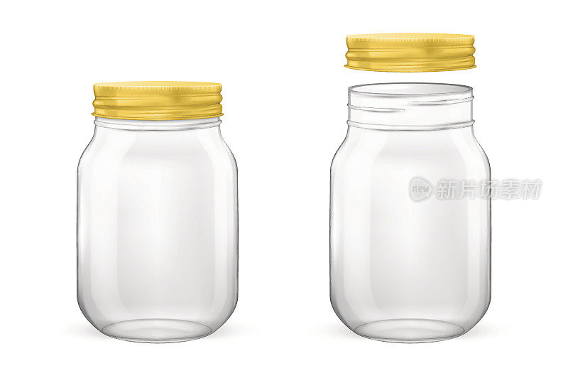 矢量现实空玻璃罐罐装和保存设置与金色盖子-打开和关闭-特写孤立在白色背景。设计模板的广告，品牌，模型。EPS10
