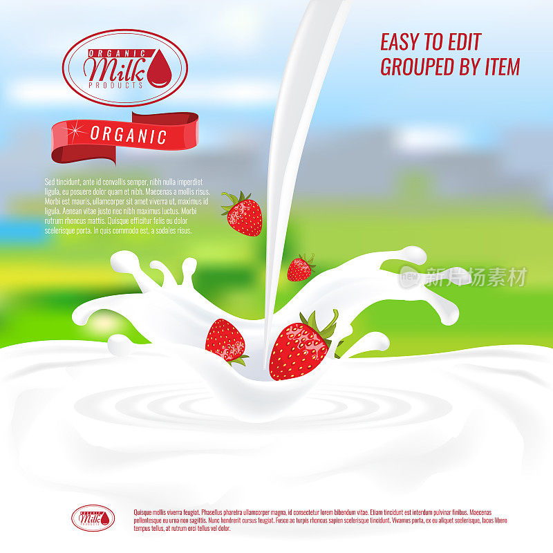 现实的矢量玻璃倒牛奶溅草莓。空牛奶广告或横幅模板为您的设计。