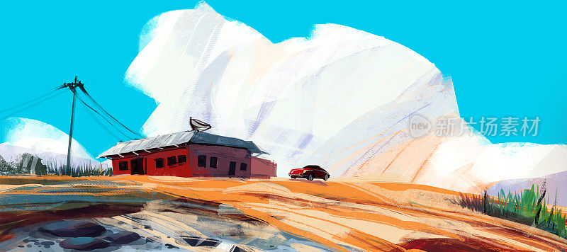 沙漠中的红房子与跑车对抗蓝天白云，数字插画艺术绘画设计风格。(大屏幕)