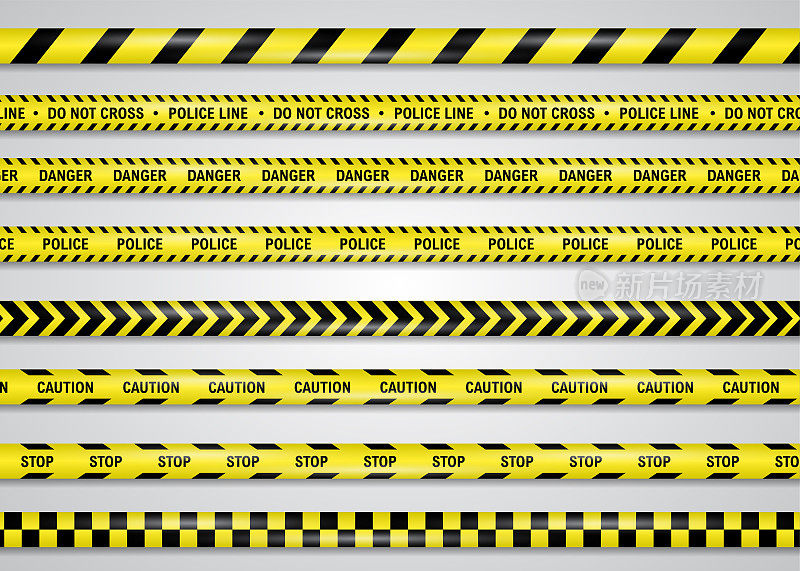 限制，危险，警告黄色带矢量插图设置，孤立在白色。警戒线或建筑胶带以生命安全为由禁止擅闯，以取得正常功能。