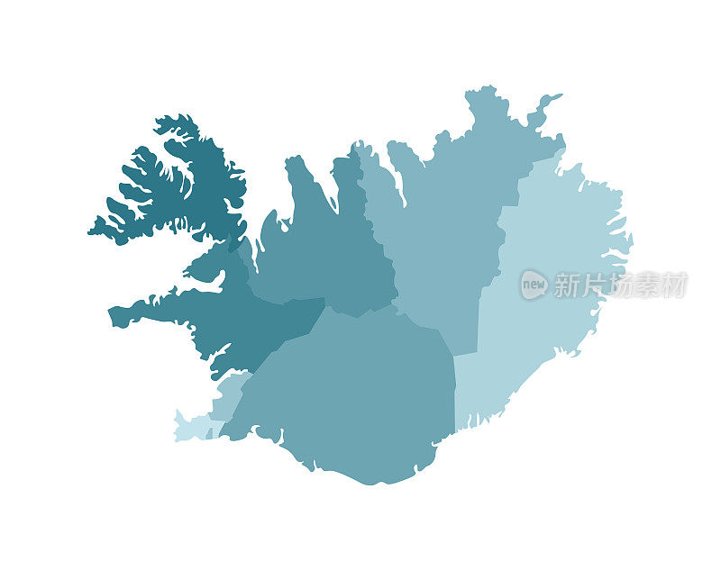 冰岛简化行政地图矢量孤立插图。地区边界。五颜六色的蓝色卡其色轮廓
