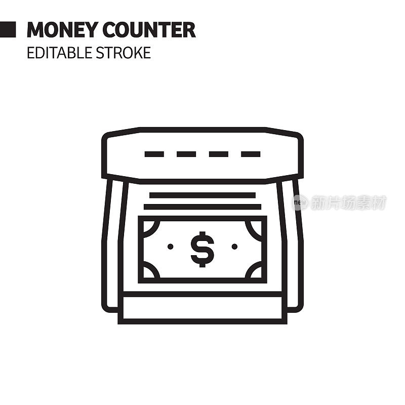 金钱柜台线图标，轮廓矢量符号插图。完美像素，可编辑的描边。