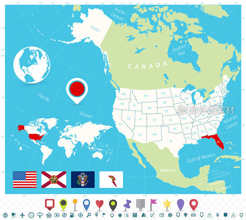 佛罗里达州在美国地图上的位置与旗帜和地图图标
