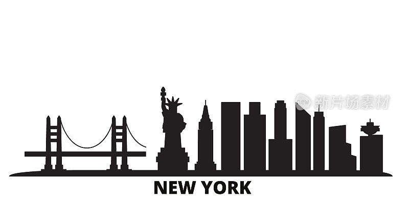 美国纽约市城市天际线孤立矢量插图。美国纽约黑城旅游风光