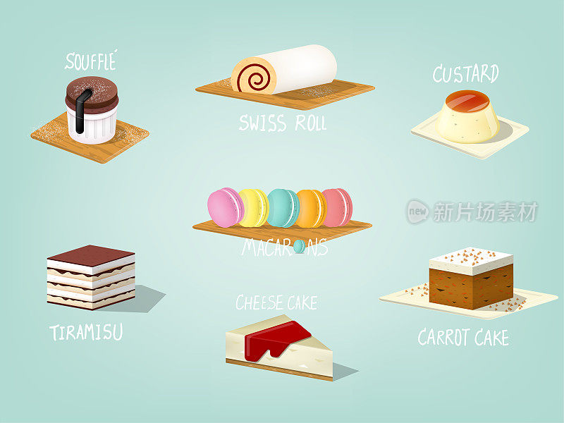 美丽的彩色图形设计插画流行的甜烘焙蛋糕，胡萝卜蛋糕，蛋奶酥蛋糕，蛋黄蛋糕，提拉米苏蛋糕，瑞士卷蛋糕，奶酪蛋糕和马卡龙