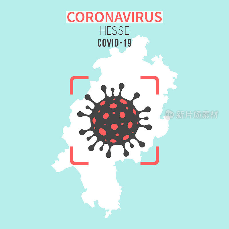 红色取景器中有冠状病毒细胞(COVID-19)的黑塞地图