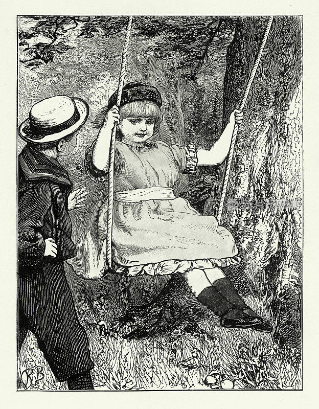 Vintage，年轻男孩推着一个女孩在秋千上，美国维多利亚版画，1882年
