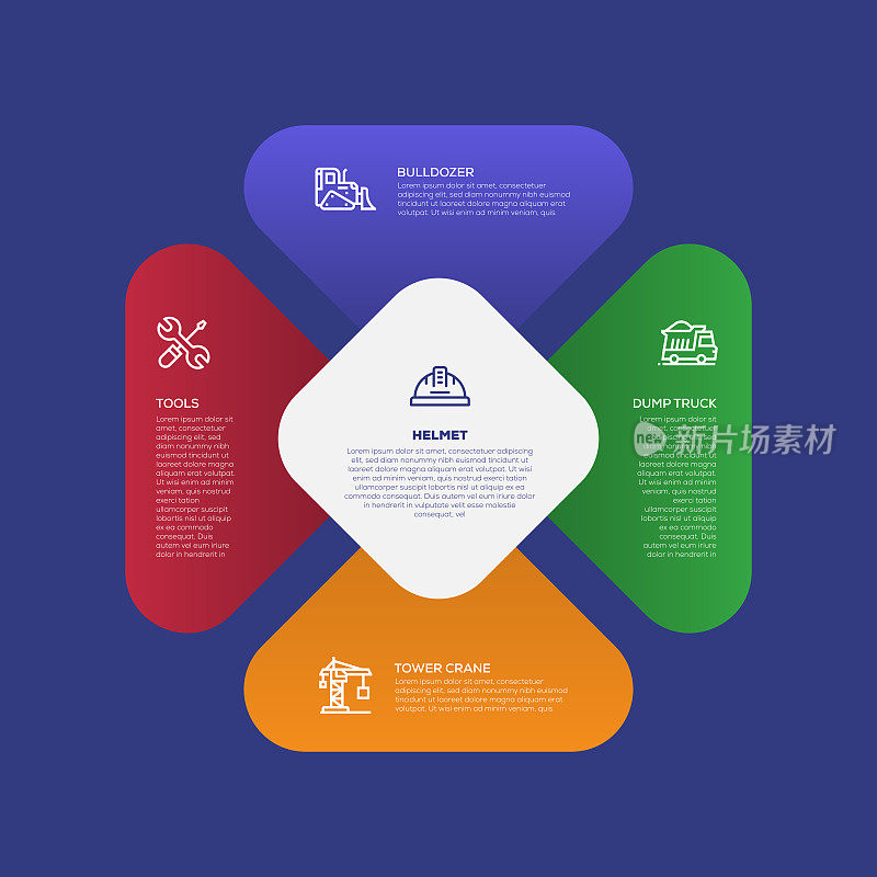 信息图设计模板。工具，推土机，自卸卡车，塔吊，头盔图标与5个选项或步骤。