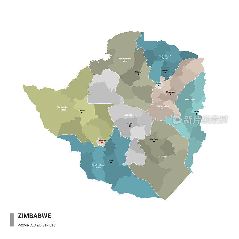 津巴布韦higt细分详细地图。津巴布韦的行政地图，有地区和城市的名称，颜色由州和行政区域。矢量插图与可编辑和标签层。