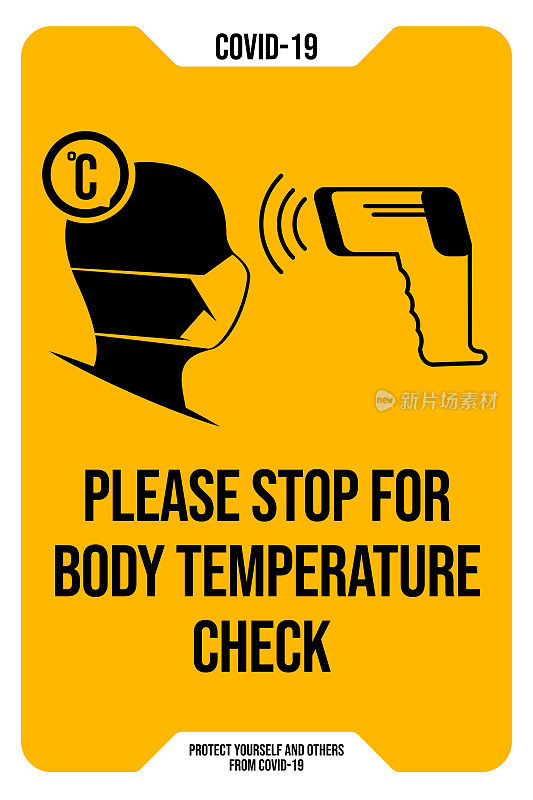 检查体温警告标志。关于冠状病毒、covid-19或流感病媒的警告标志说明。体温矢量图标。