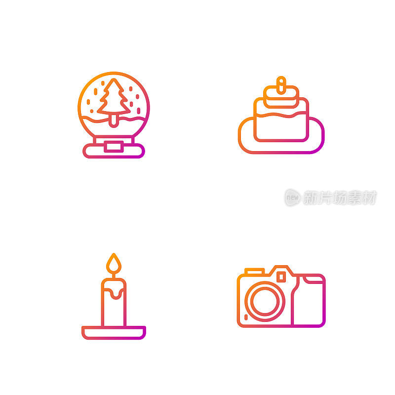 设置线摄影相机，燃烧的蜡烛，圣诞雪球和蛋糕。渐变颜色图标。向量