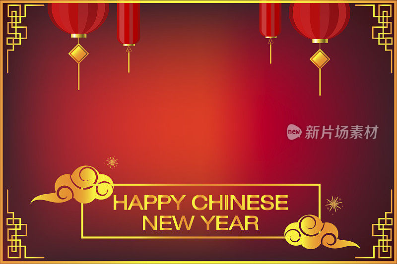 喜庆春节以红色为背景，装饰经典喜庆节日，传统农历年画以挂灯笼为传统风格