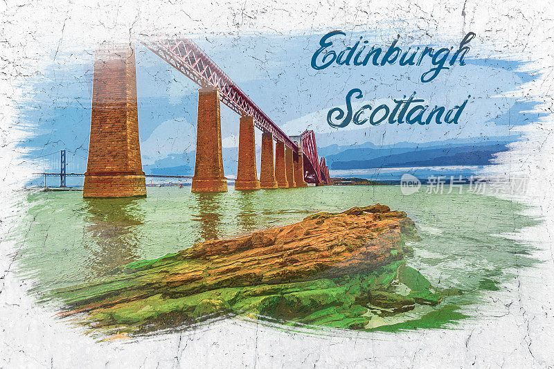 爱丁堡海湾铁桥，水彩画