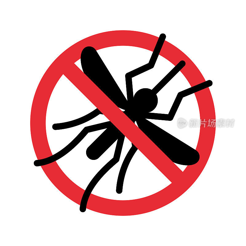 没有蚊子和禁止标志。禁止灭蚊灭虫，禁止寄生昆虫剪影传病。停止蚊子昆虫矢量图标，符号