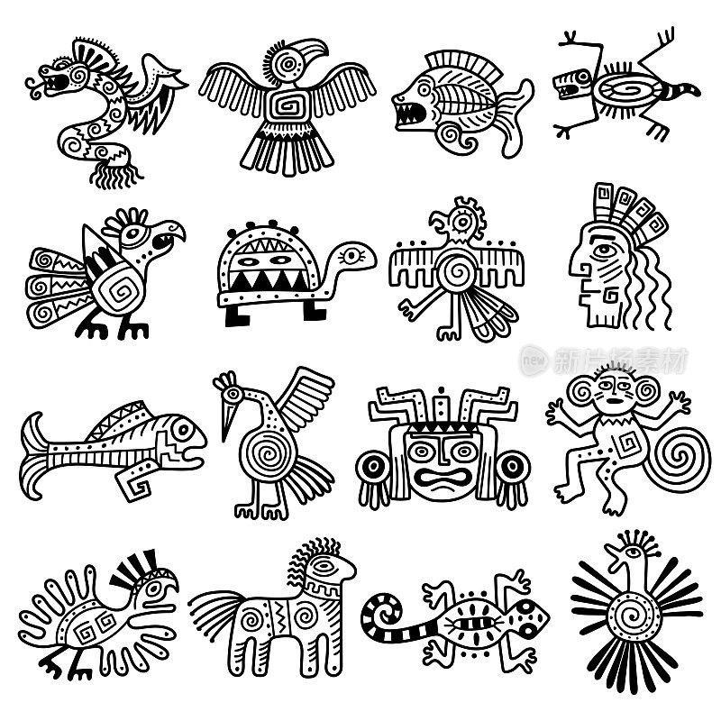 古代部落的标志。墨西哥阿兹特克图标动物装饰玛雅图案最近向量收集