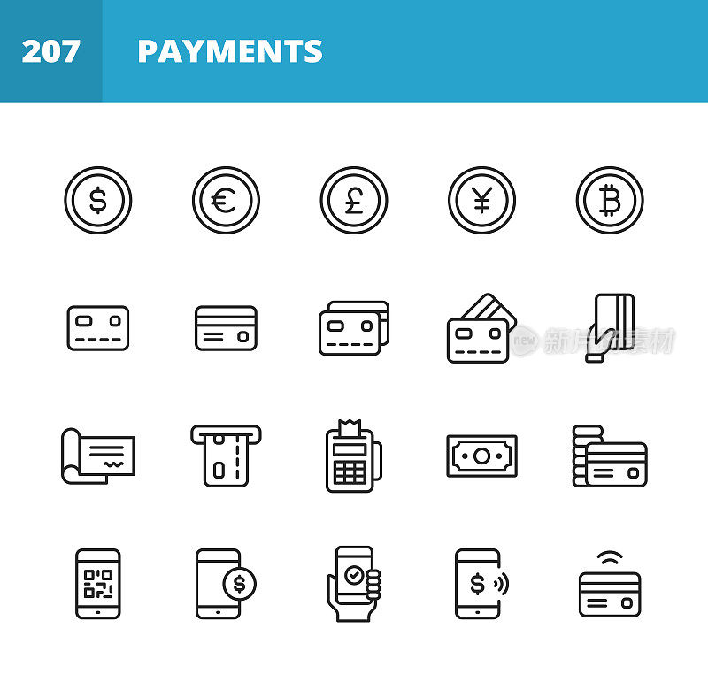 付款行图标。可编辑的中风。像素完美。移动和网络。包含像比特币，货币，信用卡，无线，金钱，金融，支票，ATM，现金，钱包，人手，支付，购物，销售，退款，安全，电子商务等图标。