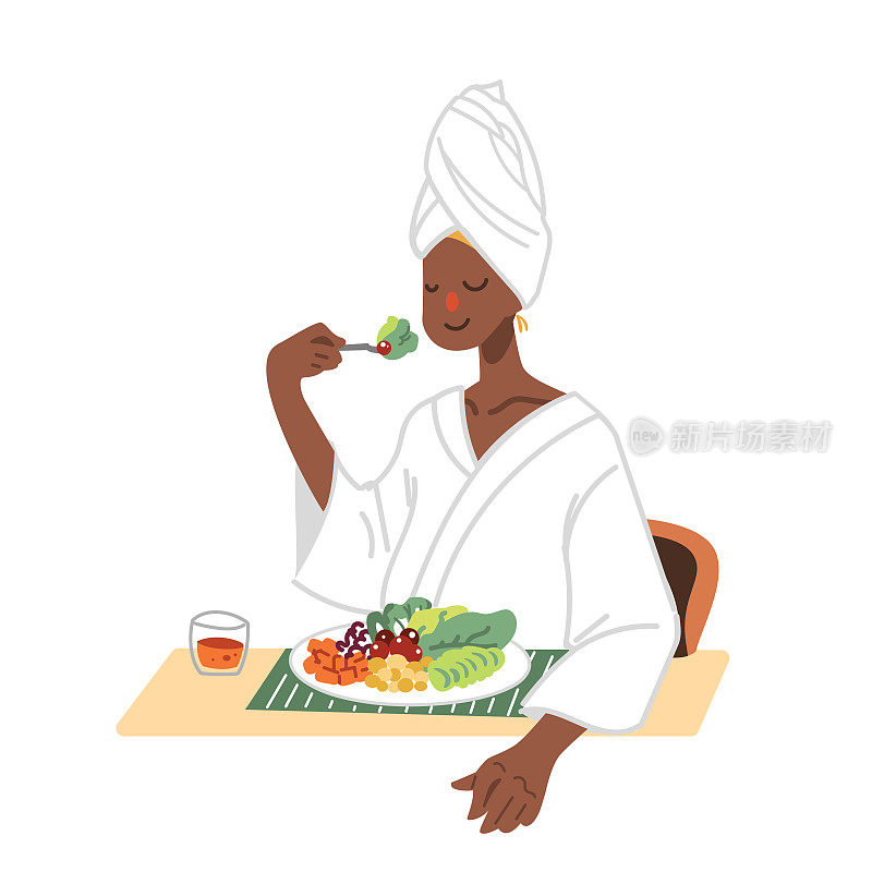一个女人喜欢在家吃自制的沙拉。一个女性饮食与清洁饮食为她的健康平面矢量插图。女性喜欢地中海饮食，包括健康的食物、新鲜的蔬菜和水果。