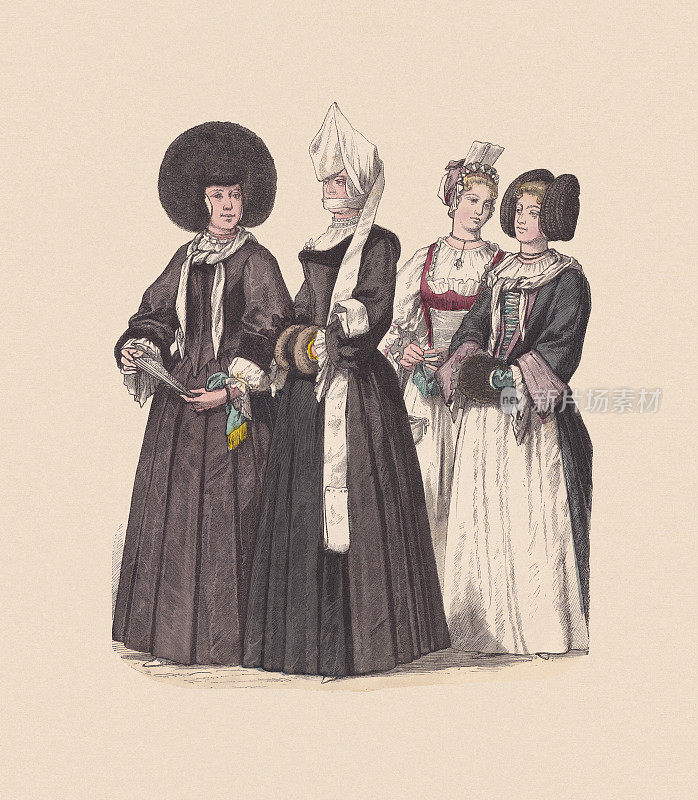 18世纪，瑞士服饰，苏黎世州，手工彩绘木刻，大约于1880年出版