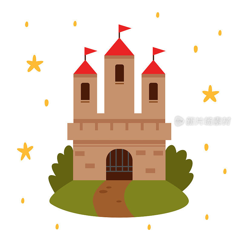 童话般的风景与城堡。白塔配红旗，仙宫或魔堡王国。矢量平面插图。