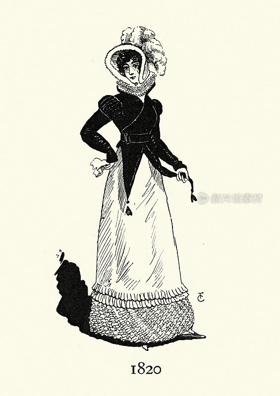 女人穿着高腰连衣裙，夹克，帽子，领圈，19世纪20年代的时尚，法国