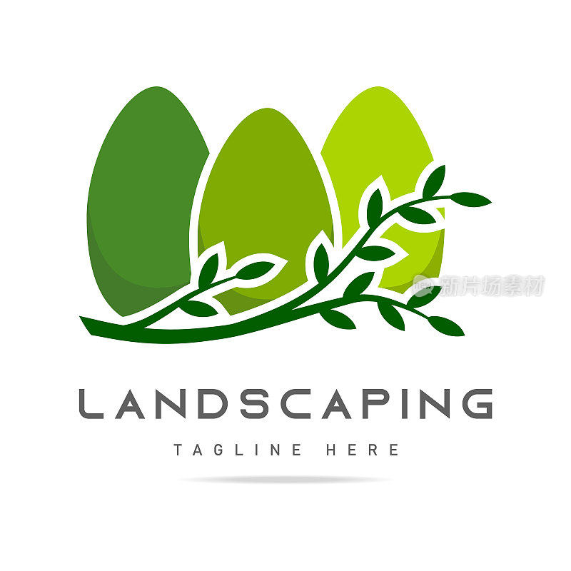 绿色景观设计标志模板，为建设和维护服务或生态环境公司。矢状园艺符号或园林园艺美化为绿色生态、自然树木或公园