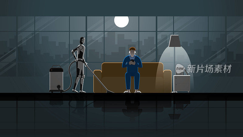 机器人人工智能机制打扫和女佣的房子24小时在黑暗和满月与人。一个男人坐在沙发上，在客厅里轻松地使用智能手机。