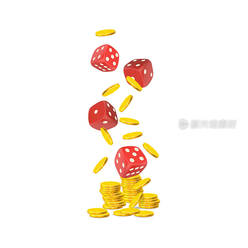 矢量下落的金币和红色赌场骰子孤立的白色背景