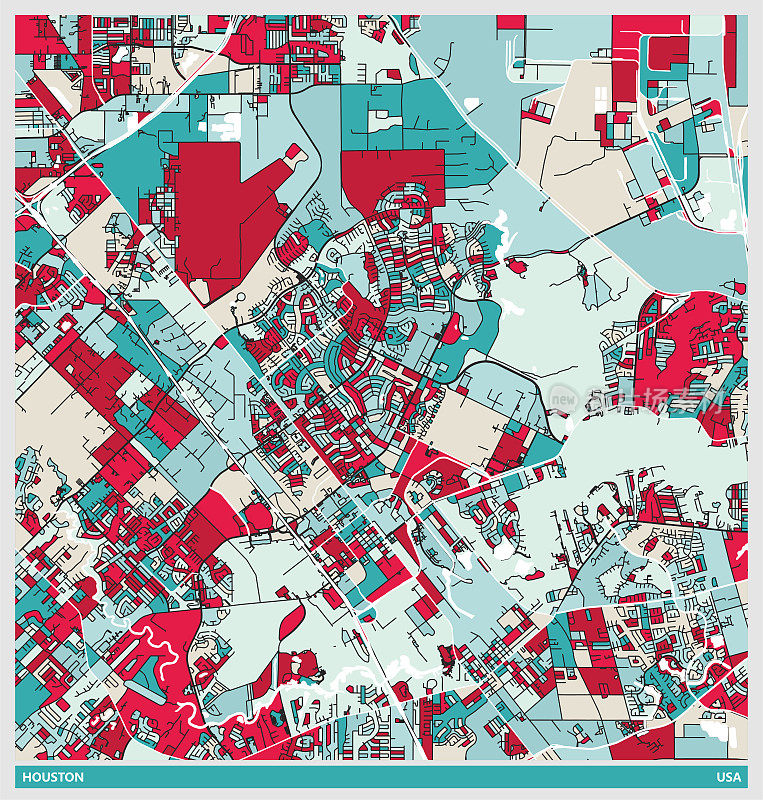 艺术插画风格地图，休斯顿市，美国