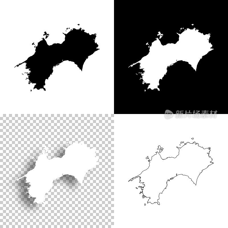 四国地图设计。空白，白色和黑色背景-线图标