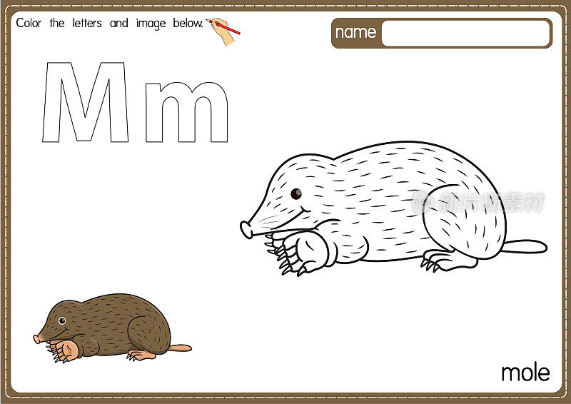 矢量插图的儿童字母着色书页与概述剪贴画，以颜色。字母M代表鼹鼠。