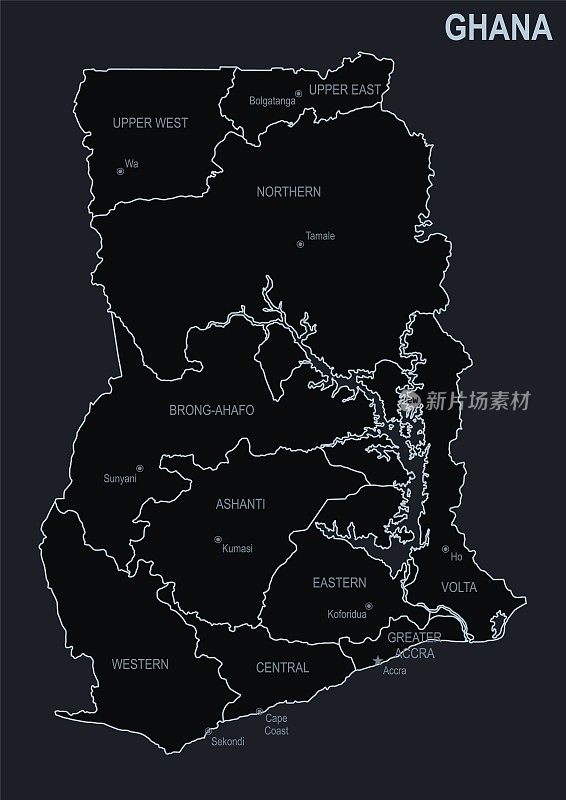 加纳的平面地图，以黑色为背景的城市和地区