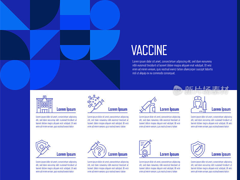 疫苗概念矢量线信息图形设计图标。9选项或步骤的介绍，横幅，工作流程布局，流程图等。