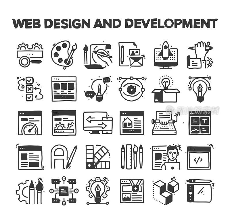 网页设计和开发相关的手绘矢量涂鸦图标集