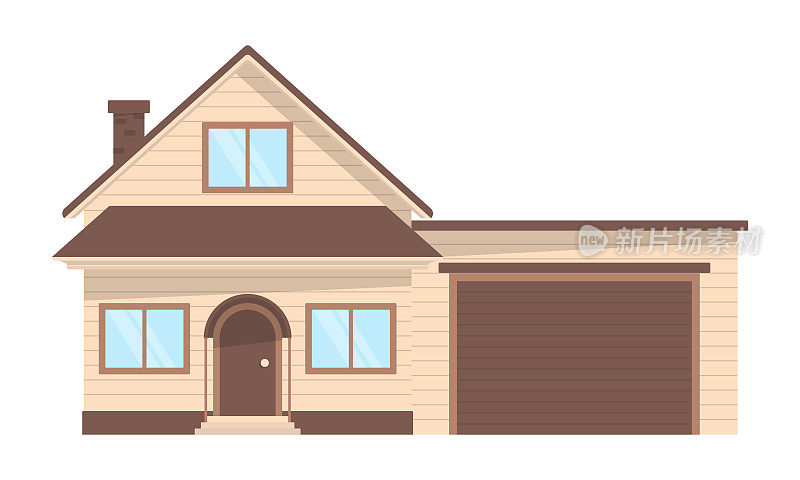 两层楼的房子，带平顶车库，米色带棕色屋顶。图标，矢量风格，平面风格