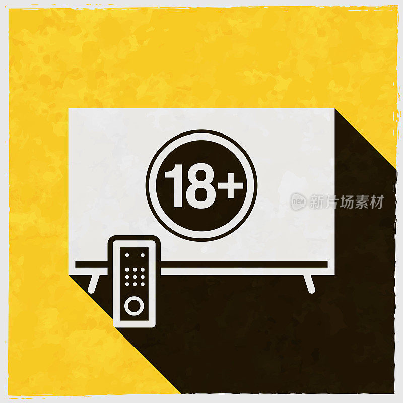 电视与18+符号(18+)。图标与长阴影的纹理黄色背景