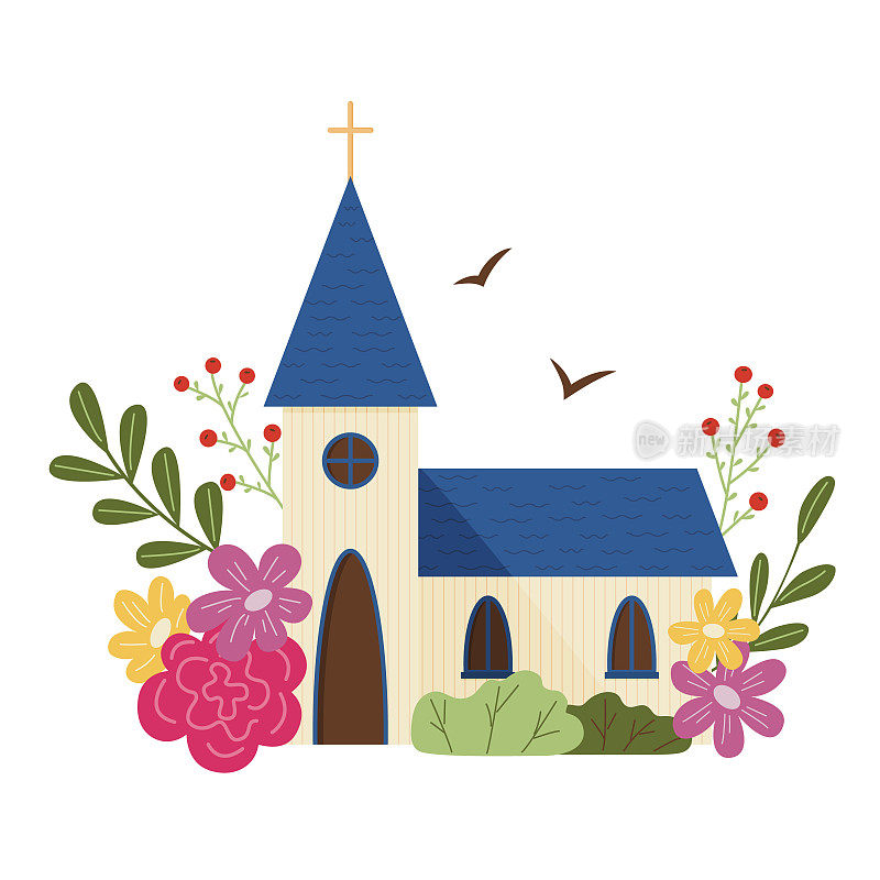 复活节。一个被花包围的寺庙的矢量插图。