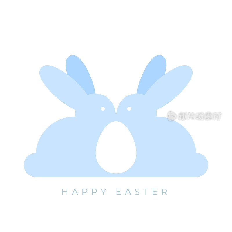 复活节快乐。极简主义的兔子和白色复活节彩蛋。淡蓝色的颜色。用于贺卡，海报，横幅。矢量插图，平面设计