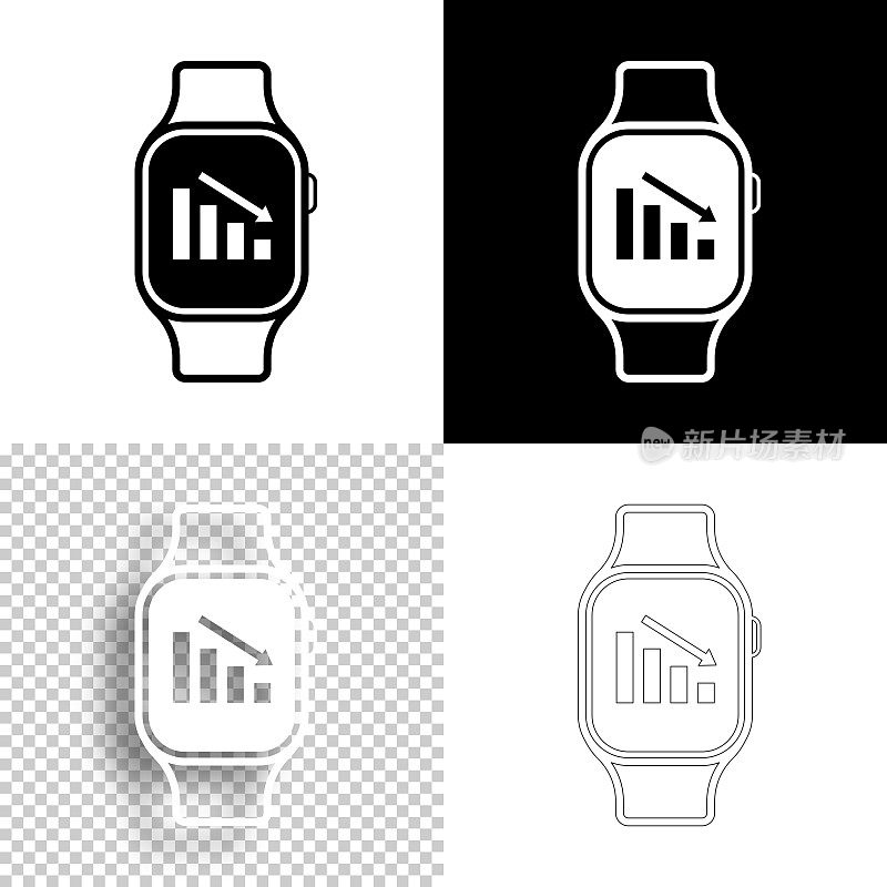 智能手表下降图表。图标设计。空白，白色和黑色背景-线图标