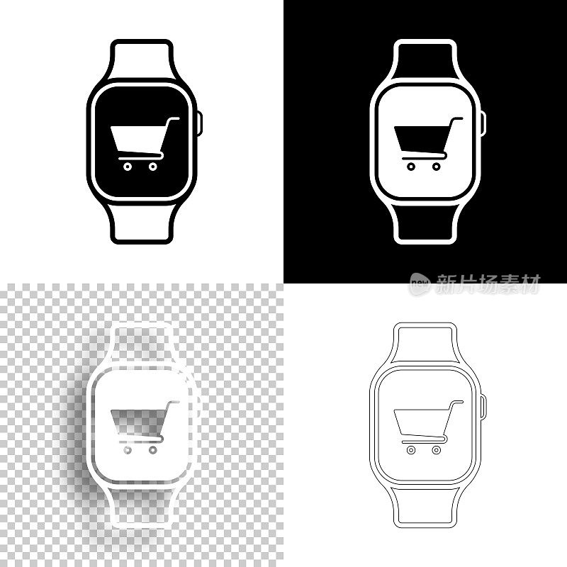 用智能手表在线购物。图标设计。空白，白色和黑色背景-线图标