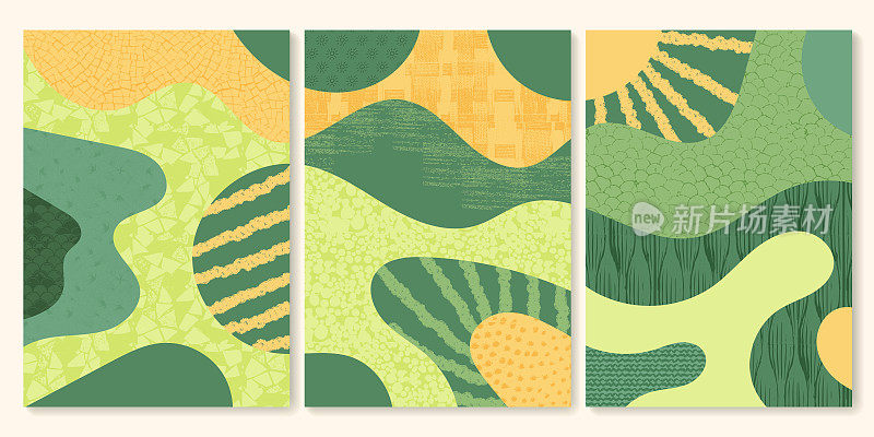 绿色抽象稻田顶视图与纹理向量背景。自然图案、生态插画、乡村海报设计。集农业景观、集简约生态海报