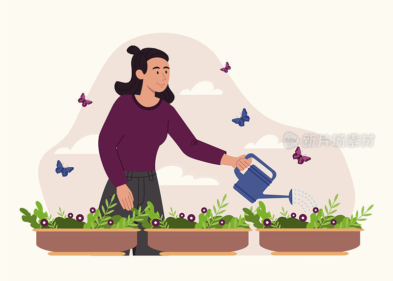 女人浇灌植物