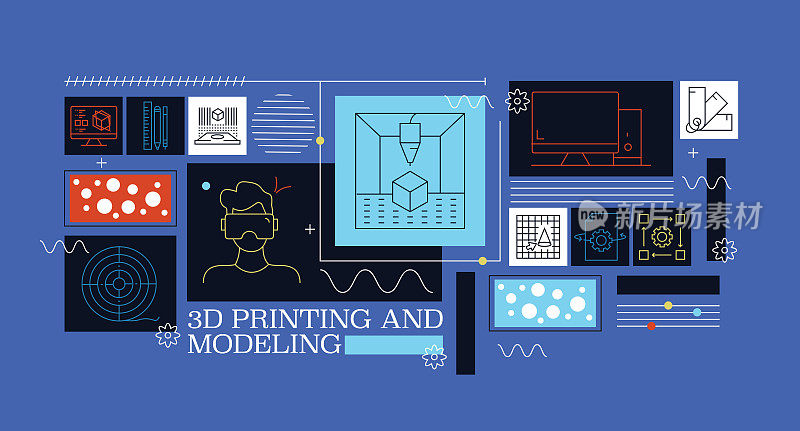 3d打印和建模相关的矢量横幅设计概念。