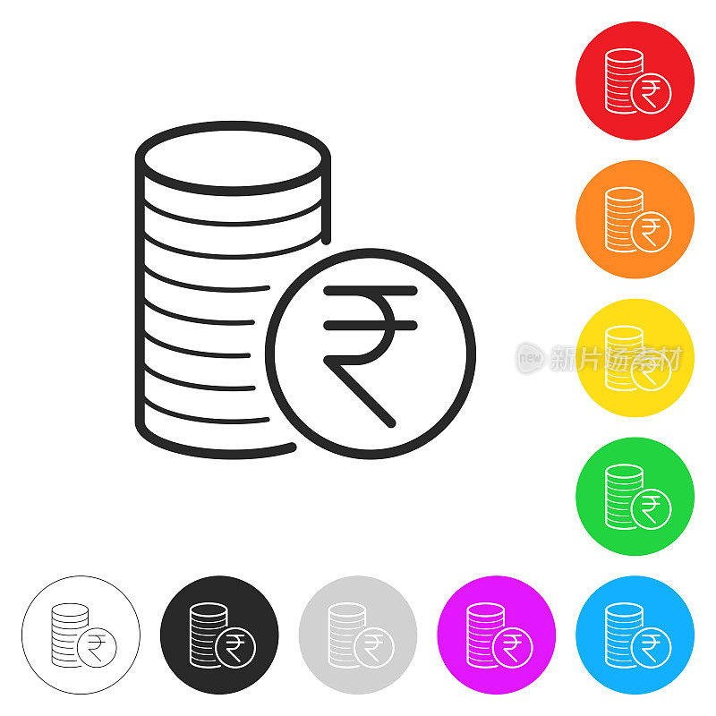 印度卢比硬币堆。彩色按钮上的图标
