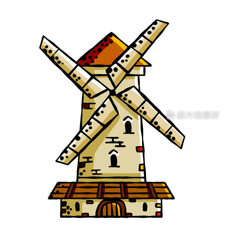 古老的中世纪建筑。用谷物制面粉的磨坊。农业环境。农业用砖头做的风车。大纲卡通