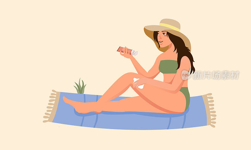 一名女子在海滩上涂抹防晒霜。美丽健康的护肤理念。矢量图