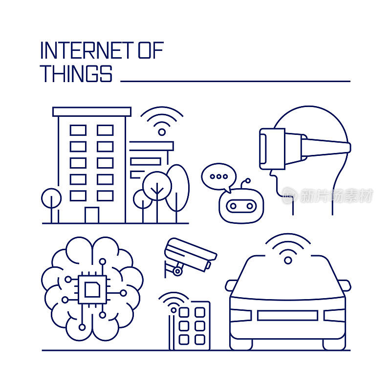 物联网相关设计元素。使用大纲图标的模式设计。