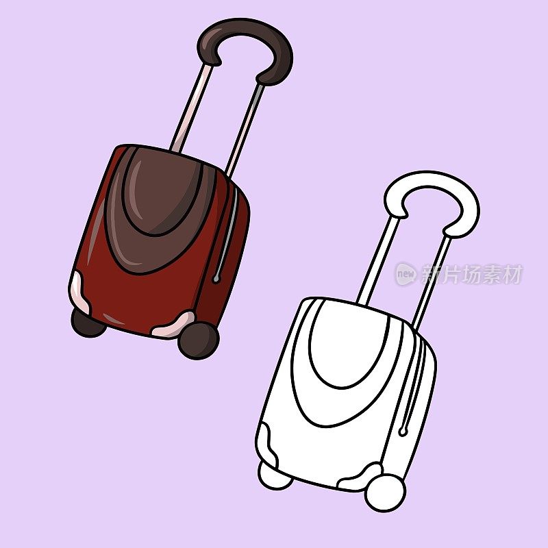 一套图片，带轮子的行李箱，旅行箱，卡通风格的矢量插图