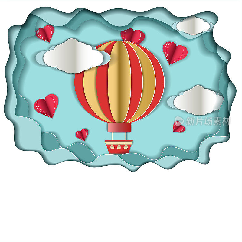 剪纸明信片风格的插图天空中的气球。爱情的概念，促销，折扣