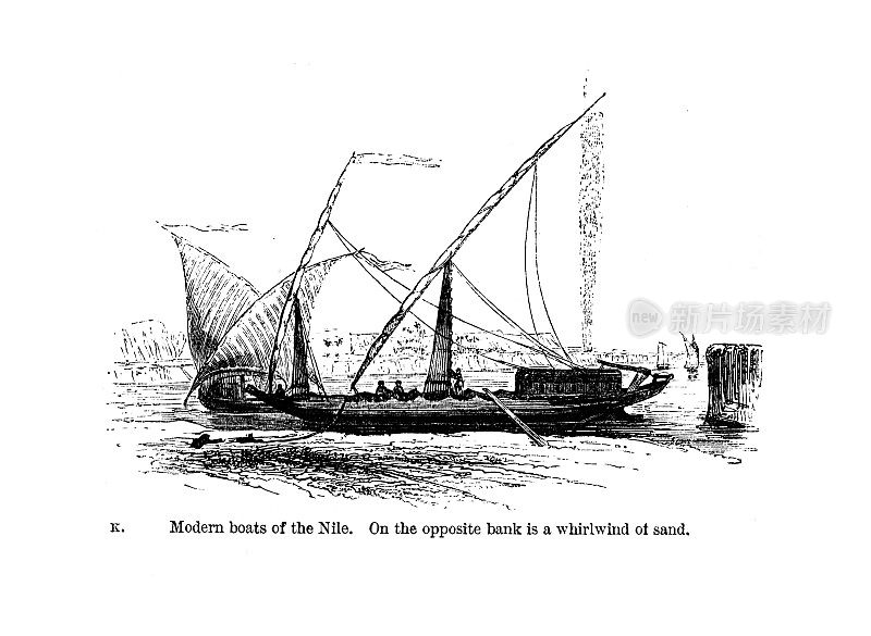 19世纪尼罗河上雕刻现代埃及船;古埃及人1854年