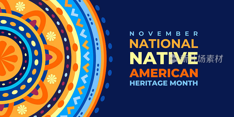 美国土著传统月。矢量横幅，海报，卡片，内容为社交媒体与文本美国土著传统月。蓝色背景，带有民族装饰。